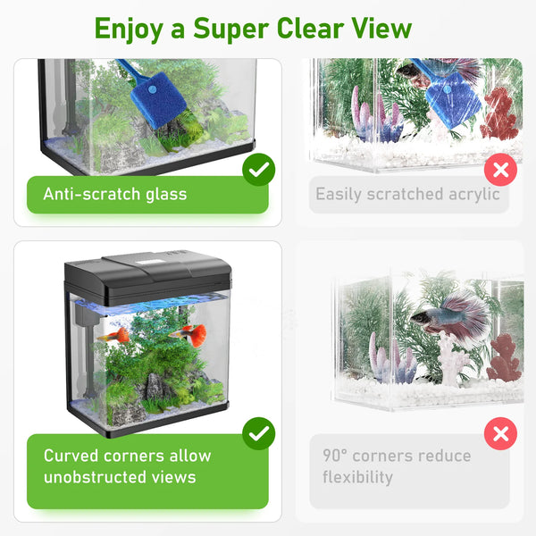 1.7 Gallon Complete Glass Aquarium Starter Kit - Stylish Black Fish Tank with Air Pump, LED Light & Filter for Betta Fish