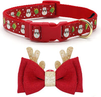 Festive Adjustable Christmas Dog Collar with Antler Bow Tie. 