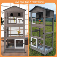 68.8"L Wooden Bird Cage Outdoor Bird Aviary Indoor Large Parakeet Cage on Wheels.    