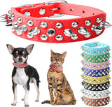 Adjustable Spiked Studded Leather Collar for Dogs and Cats - Red (Small)