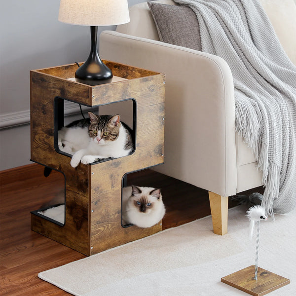 Stylish 23" Wood Cat House Furniture - Modern Cat Tree Tower with Free Toy, Scratching Pad & Cozy Removable Mats - Perfect Small Cat Condo in Brown