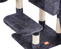 "Smoky Gray Multi-Level Cat Tower with Scratching Board & Feeding Bowl – Perfect Indoor Condo for Your Feline Friend!"