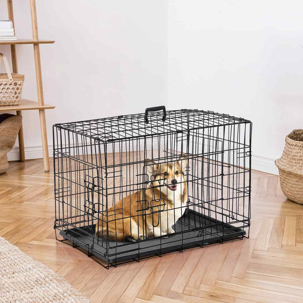 "30" Foldable Double Door Metal Dog Crate - Durable Black Pet Cage for Small Pets"