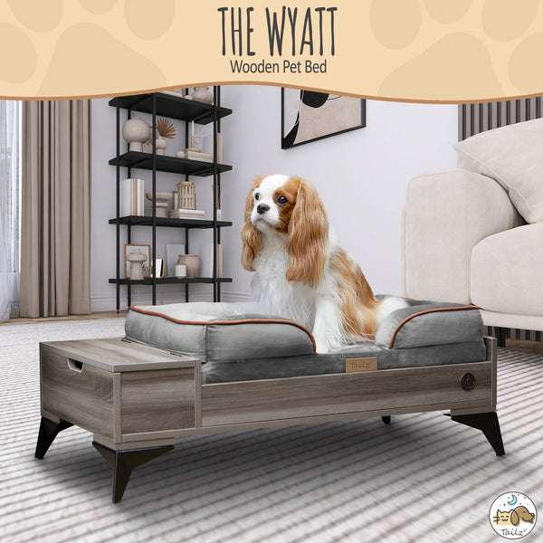 Wyatt Elevated Wooden Dog Bed with Mattress & Storage - Greenguard Gold Certified for Small to Medium Pets