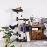 "Smoky Gray Multi-Level Cat Tower with Scratching Board & Feeding Bowl – Perfect Indoor Condo for Your Feline Friend!"