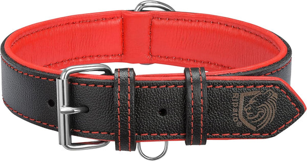 Genuine Leather Dog Collar for Medium Dogs - Black/Red Thread (Size M)