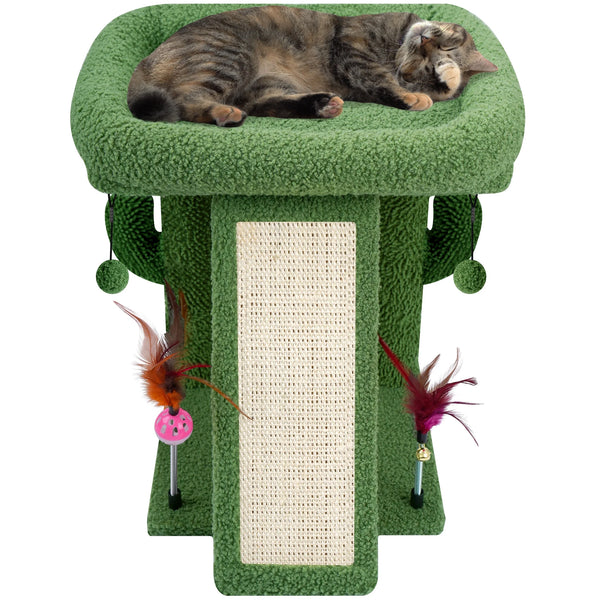 Green Desert Cactus Cat Tree with Condo, Scratch Post, Hammock, and Hanging Ball