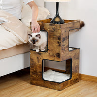 Stylish 23" Wood Cat House Furniture - Modern Cat Tree Tower with Free Toy, Scratching Pad & Cozy Removable Mats - Perfect Small Cat Condo in Brown