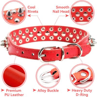 Adjustable Spiked Studded Leather Collar for Dogs and Cats - Red (Small)