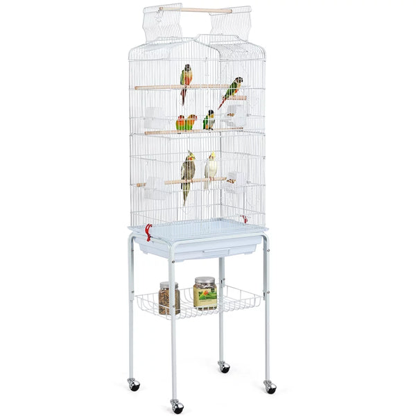 "Large White Rolling Bird Cage with Open Top - 64 Inches"