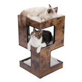 Stylish 23" Wood Cat House Furniture - Modern Cat Tree Tower with Free Toy, Scratching Pad & Cozy Removable Mats - Perfect Small Cat Condo in Brown