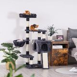 "Smoky Gray Multi-Level Cat Tower with Scratching Board & Feeding Bowl – Perfect Indoor Condo for Your Feline Friend!"