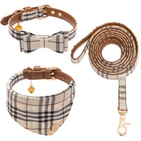 Adjustable Leather Plaid Dog Collar and Leash Set with Bow Tie, Bandana Necktie for Small Dogs