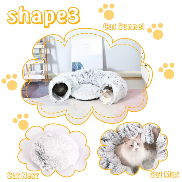 Plush Foldable Round Cat Kennel -Tunnel Bed and Cushion Mat for Winter Comfort