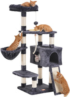 "Smoky Gray Multi-Level Cat Tower with Scratching Board & Feeding Bowl – Perfect Indoor Condo for Your Feline Friend!"