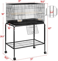 Premium 47-Inch Rolling Bird Cage with Detachable Stand for Parakeets, Cockatiels, Conures, Lovebirds & More - Black