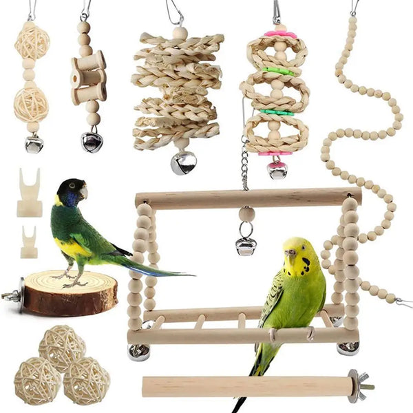 "Interactive Bird Toy Set with Perch Stand, Swings, and Chewing Toys - Perfect for Parrots and Small Birds!"