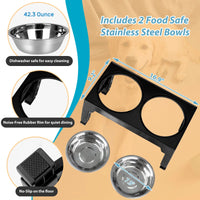 Adjustable Elevated Dog Bowls Stand with 2 Stainless Steel Dishes for Medium and Large Dogs - Black