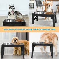 Adjustable Elevated Dog Bowls Stand with 2 Stainless Steel Dishes for Medium and Large Dogs - Black