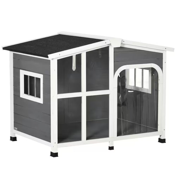 "Stylish Gray Rustic Retreat Wooden Dog House: Large Size with Openable Roof & Giant Window"