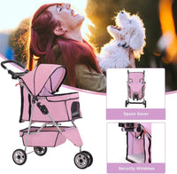 Elegant Pink 3-Wheel Dog & Cat Stroller - Waterproof Jogger Carrier with Cup Holder