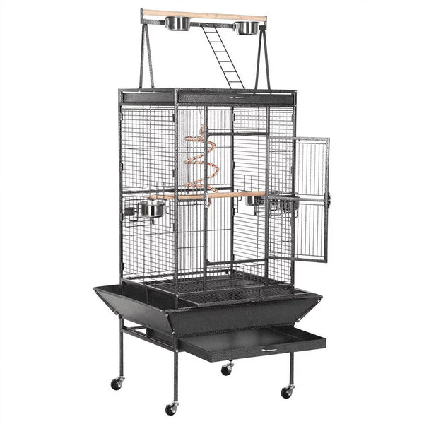 "Chic & Roomy 68.5'' Black Metal Rolling Bird Cage - The Ultimate Aviary for Your Parrots!"