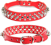 Adjustable Spiked Studded Leather Collar for Dogs and Cats - Red (Small)