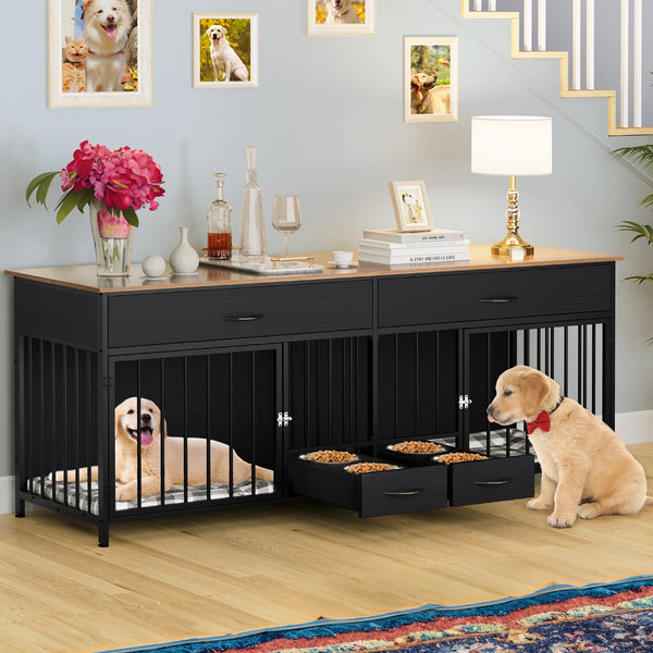 Elegant Double Dog Kennel Furniture with Storage & Feeder 