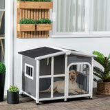 "Stylish Gray Rustic Retreat Wooden Dog House: Large Size with Openable Roof & Giant Window"