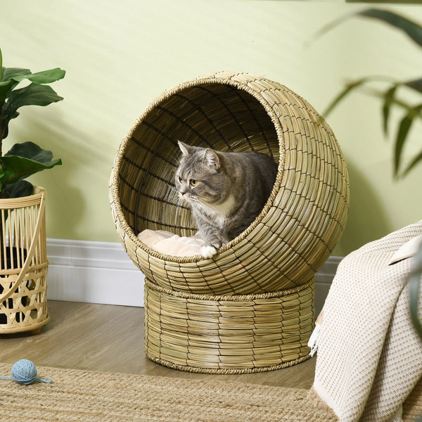 Stylish Elevated Cat Bed in Egg Chair Design - Cozy Wicker Retreat for Your Feline Friend