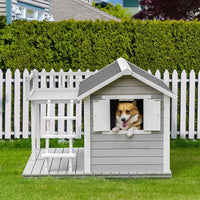 Rustic Wooden Dog Cabin with Sheltered Balcony for Medium to Large Dogs