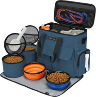 Pet Travel Bundle: Airline Approved Dog and Cat Tote with Food Storage, Bowls, and Feeding Mat - Blue