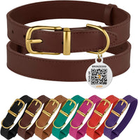 Professional Title: "Small Dog and Cat Leather Collar with QR ID Tag, Dark Brown & Gold Buckle, 7-9 Inch"