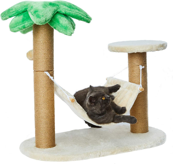 Coconut Palm Tree Cat Scratching Post - Natural Jute Sisal Scratch Pole Cat Scratcher with Hammock