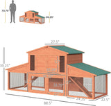 Spacious 89" Wooden Rabbit, Guinea Pig, and Chicken Hutch House.     Weatherproof Roof, Removable Tray, and Ramps for Indoor/Outdoor Use