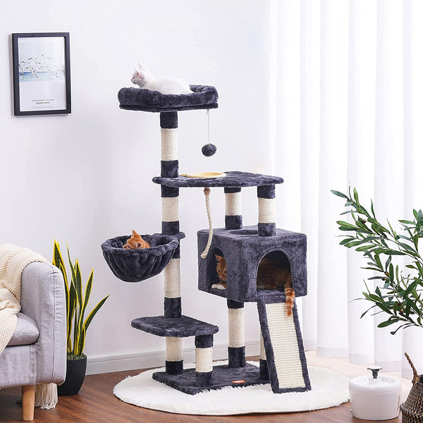 "Smoky Gray Multi-Level Cat Tower with Scratching Board & Feeding Bowl – Perfect Indoor Condo for Your Feline Friend!"