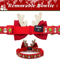 Festive Adjustable Christmas Dog Collar with Antler Bow Tie. 