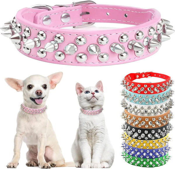 "Stylish Pink Spiked Leather Dog Collar - Adjustable & Soft for Small Breeds like Chihuahua, Yorkshire, Shih Tzu & More!"