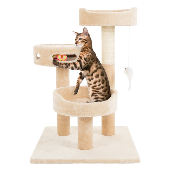 3-Tier Cat Tree with 2 Carpeted Napping Perches, Sisal Rope Scratching Post, Hanging Mouse, and Interactive Cheese Wheel Toy - Beige