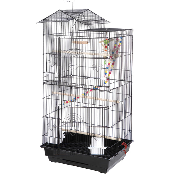 "Large House Shape Bird Cage for Parrots - 39 Inch, Sturdy Metal Frame in Black"