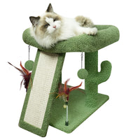 Green Desert Cactus Cat Tree with Condo, Scratch Post, Hammock, and Hanging Ball