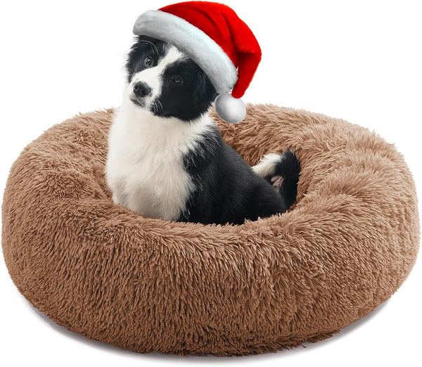 Professional Title: "Medium Anti-Anxiety Dog Calming Bed with Plush Faux Fur, Machine Washable, 23x23 Inch Light Coffee"