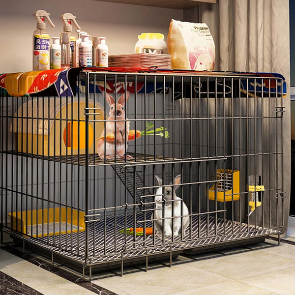 "Foldable Bunny Haven: Spacious Cage with Anti-Chew Mat for Small Pets"