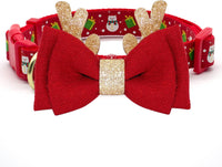 Festive Adjustable Christmas Dog Collar with Antler Bow Tie. 