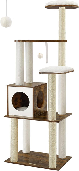 Woody wonders 65-Inch Modern Cat Tower - Multi-Level Indoor Cat Condo with 5 Scratching Posts.