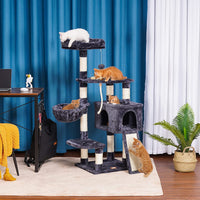 "Smoky Gray Multi-Level Cat Tower with Scratching Board & Feeding Bowl – Perfect Indoor Condo for Your Feline Friend!"