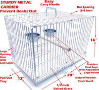 Portable Collapsible Metal Parrot Carrier - Beak-Proof Cage with Stainless Steel Bowls & Wooden Perch