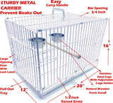 Portable Collapsible Metal Parrot Carrier - Beak-Proof Cage with Stainless Steel Bowls & Wooden Perch