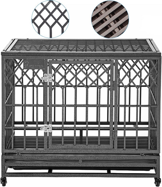 Large Dog Cage: Sturdy Metal Kennel with Three Doors, Four Wheels, 38 Inch Size, Y Shape Design - Silver