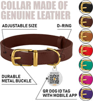 Professional Title: "Small Dog and Cat Leather Collar with QR ID Tag, Dark Brown & Gold Buckle, 7-9 Inch"